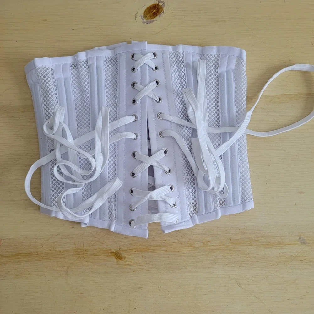 Vintage Mesh Boned Corsette Lace Up Waist Trainer Support Cosplay White Small